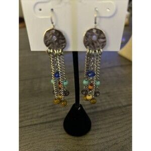 Boho Style Colorful Beaded 3 Inch Dangle Earrings On A Silver Disc